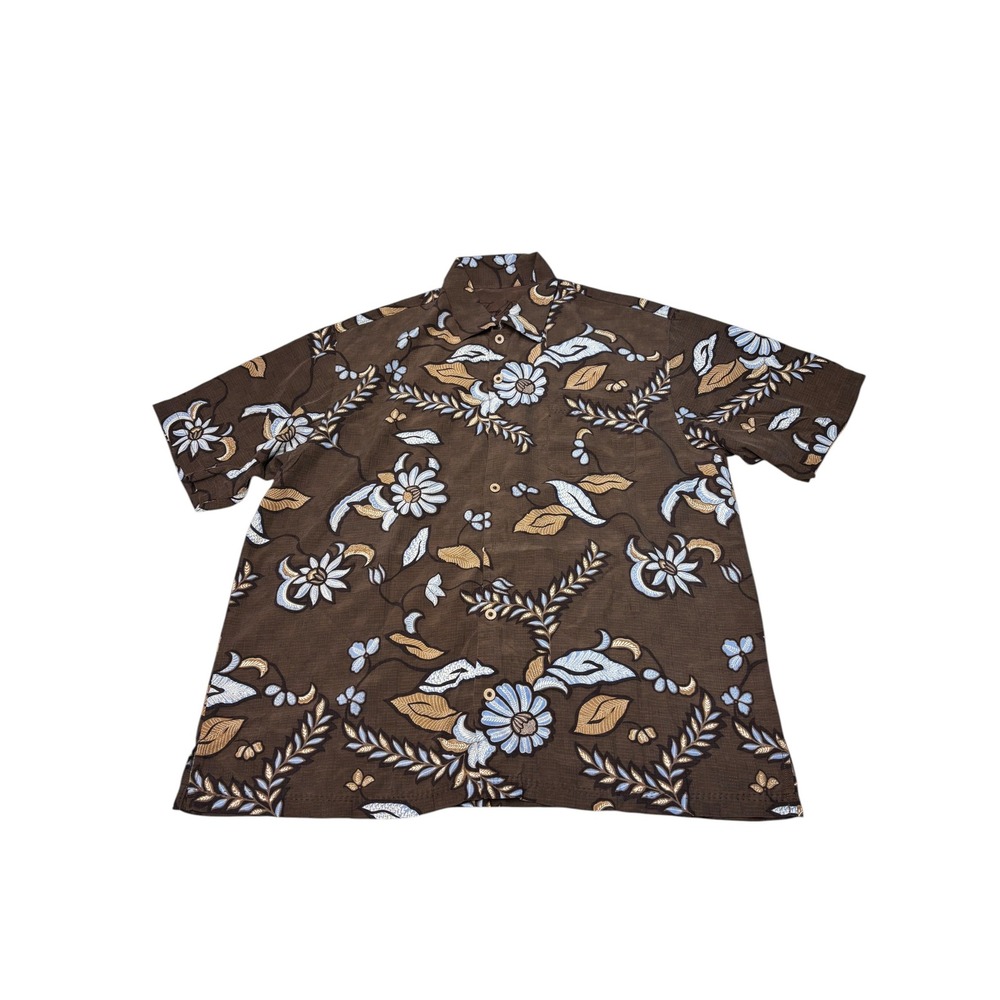 Tommy Bahama Mens XL Silk Floral Batik Camp Shirt Brown Short Sleeve XL